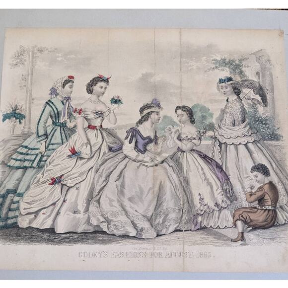 Antique Godey's Victorian Rare Hand Colored Fashion Book Plate Print August 1865 - Picture 3 of 10